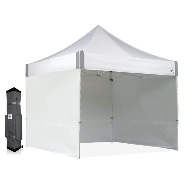 Carpa Emergente Comercial E-Z UP ES100S 10x10 Pies Blanca con 3 Paredes Laterales y Bolsa Rodante Wide-Trax