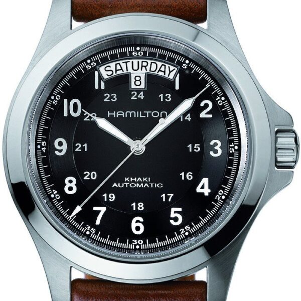Reloj Hamilton Khaki King Automático H64455533 Caja Acero Inoxidable 40 Milímetros Esfera Negra Correa de Cuero Marrón