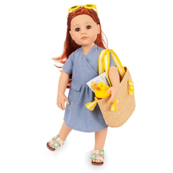 Muñeca Gotz Hannah Little Duck 19.5 pulgadas Articulada Vestido Azul Sombrero Bolsa Lentes Florales Pato de Hule Cabello