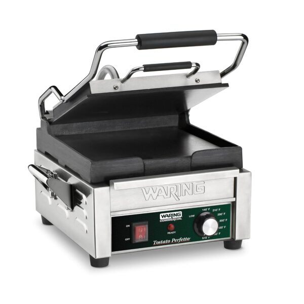 Waring Prensa comercial Panini, platos planos de hierro fundido, superficie de cocción de 9.75 x 9.25 pulgadas, termosta