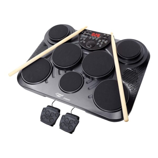 Juego de batería digital de mesa electrónico Pyle, kit compacto y portátil de almohadillas táctiles con 8 pads y pedales