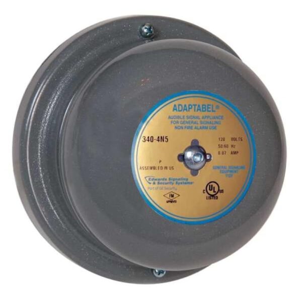 Campana vibratoria, continua, 120 V CA, 88 dB, acero, montaje en superficie, 4.5 pulgadas de diámetro, interior/exterior