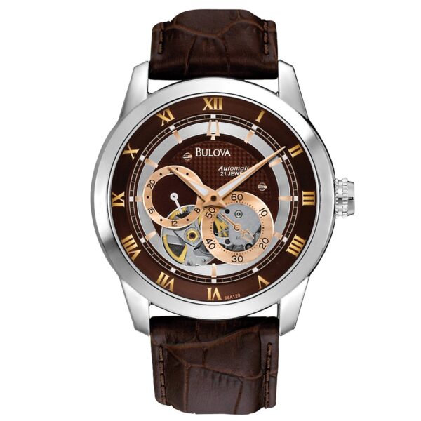 Reloj Bulova Sutton 96A120 Automático Esqueleto Acero Inoxidable Correa de Cuero Marrón 41 milímetros