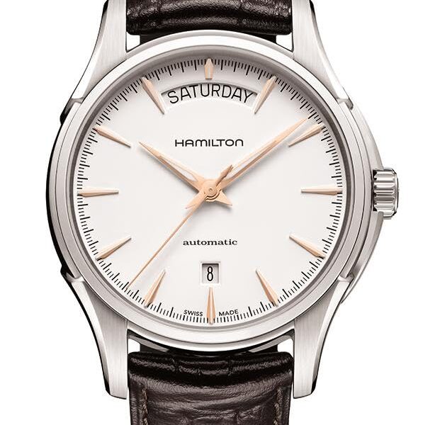 Reloj Hamilton Jazzmaster Day Date H32505511 Automático Suizo Esfera Blanca Correa de Cuero Caja de Acero Inoxidable 40