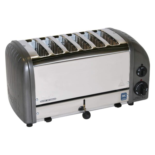 Cadco CTW-6M Tostadora de buffet de acero inoxidable, 17 pulgadas de ancho, 6 ranuras, paneles finales de aluminio gris