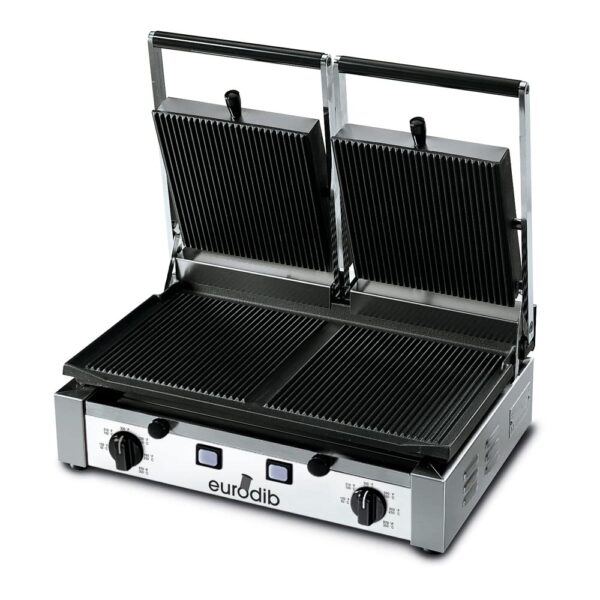 Parrilla para Sándwich Panini Eurodib PDR3000 Doble Acanalada Placa de Hierro Fundido 19.9 x 10.0 Pulgadas Acero Inoxida