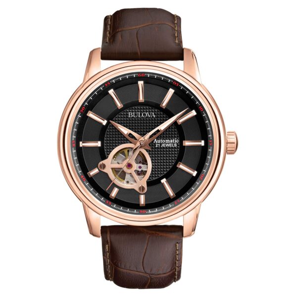 Reloj Bulova Hombre Classic Automático 97A109 Caja Acero Inoxidable 45 milímetros Esfera Negra Correa de Piel Marrón 22