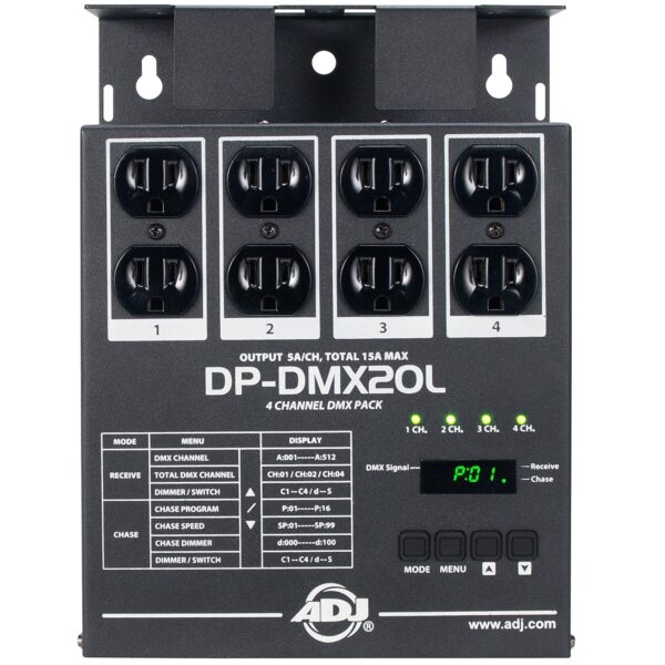 ADJ Productos DMX20L 4 canales Universal DMX Dimmer/Switch Pack, Compacto y Portátil. 600 vatios por canal 15A máx