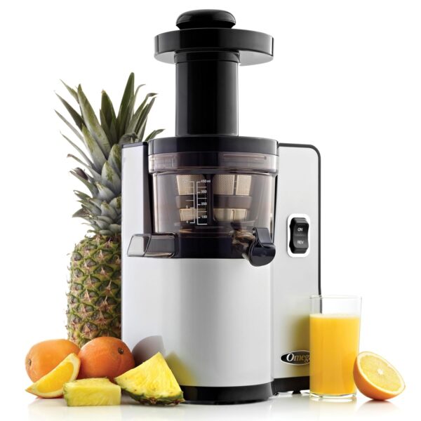 Omega Exprimidor de Prensa en Frío Vertical 43 RPM de Masticación Lenta Compacto Extractor de Jugo para Frutas y Vegetal