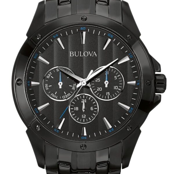 Reloj Bulova 98C121 Clásico Multifunción 6 Manecillas Día Fecha Acero Inoxidable Negro Esfera Negra 43 mm
