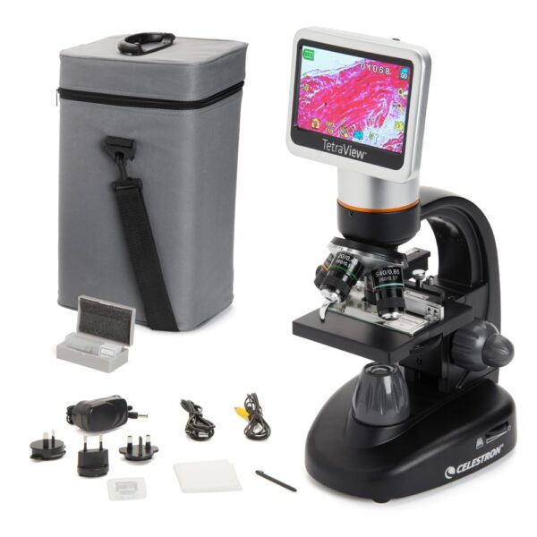 Celestron – Microscopio digital LCD TetraView – Pantalla de 4.3" – Cámara de 5MP – Aumento de 40x–1600x – Cabezal girato