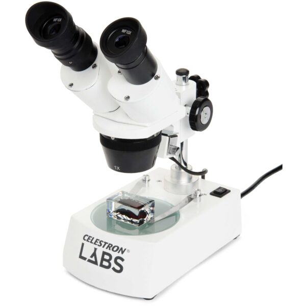 Celestron Labs Microscopio estéreo – 10-60x aumento – iluminación LED superior e inferior – Incluye 2 placas de visión y