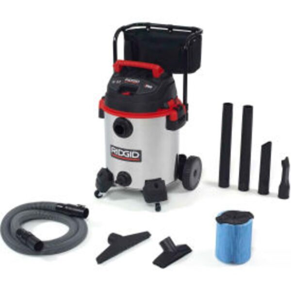 Ridgid 50353 1610RV Aspiradora de 16 galones para uso húmedo/seco de acero inoxidable con carretilla, motor de 6.5 HP má