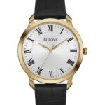 Reloj Bulova Hombre Modelo 97A123 Cuarzo Tres Manecillas Caja Acero Inoxidable Dorada Correa de Cuero Negro Marcadores N