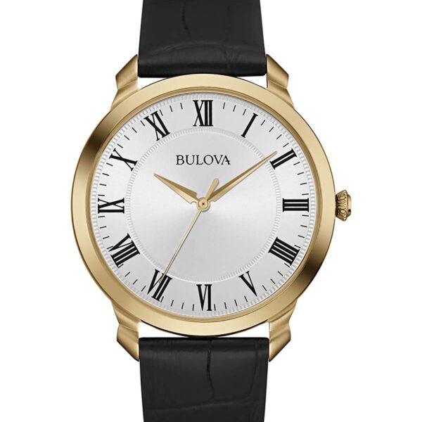 Reloj Bulova Hombre Modelo 97A123 Cuarzo Tres Manecillas Caja Acero Inoxidable Dorada Correa de Cuero Negro Marcadores N