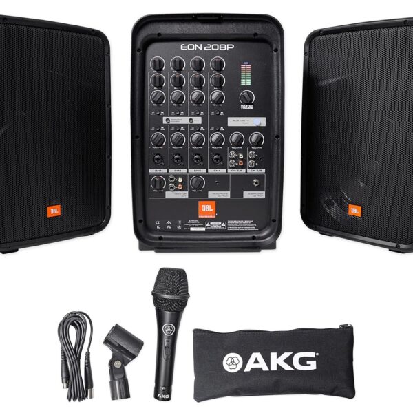 JBL Professional EON208P Altavoz portátil todo en uno dual, sistema PA de 2 vías con micrófono vocal AKG, mezclador de 8