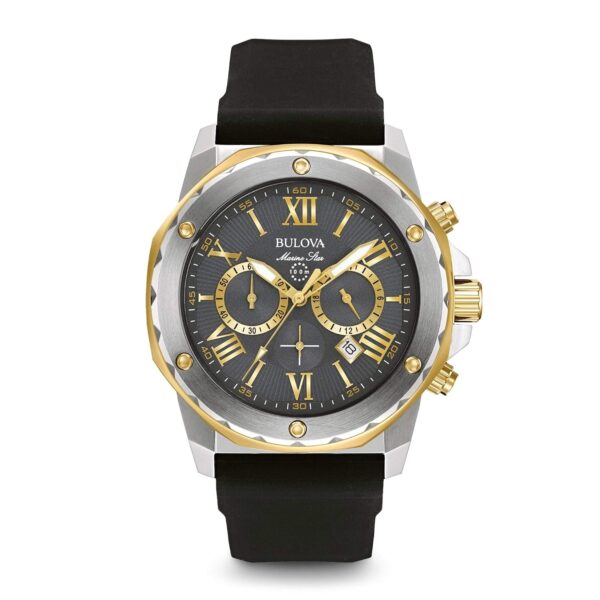 Reloj Bulova Marine Star Cronógrafo 98B277 Acero Inoxidable Dos Tonos Chapado en Oro Iónico Correa de Silicona Negra 44