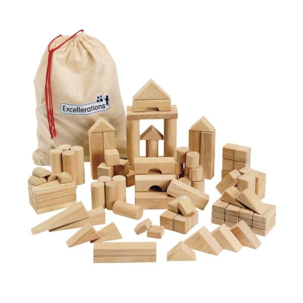 Juego de Bloques de Madera Excellerations 110B 110 Piezas Madera de Caucho con Bolsa de Almacenamiento de Tela 1-1/4 a 5