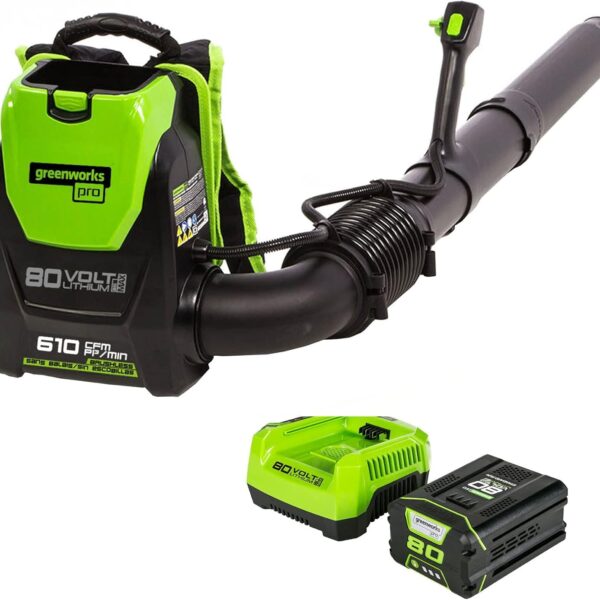 Soplador de Mochila Inalámbrico Greenworks 80V BPB80L2510 180 MPH 610 CFM Batería 2.5 Ah Verde Negro