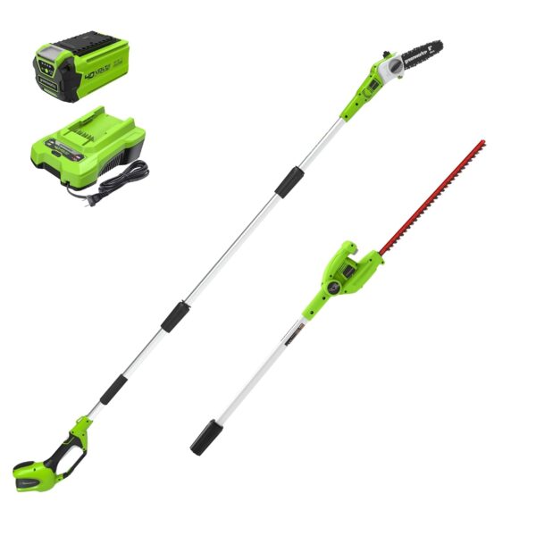 Kit Combinado Sierra de Poste y Cortasetos de Poste Greenworks PSPH40B210 40V Batería 2.0Ah Barra 8 pulgadas Hoja 20 pul