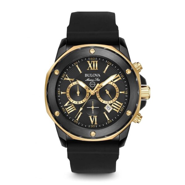 Reloj Bulova Marine Star 98B278 Cronógrafo Acero Inoxidable Ion Negro y Oro Rosa Correa de Silicona Negra Caja 44 Milíme