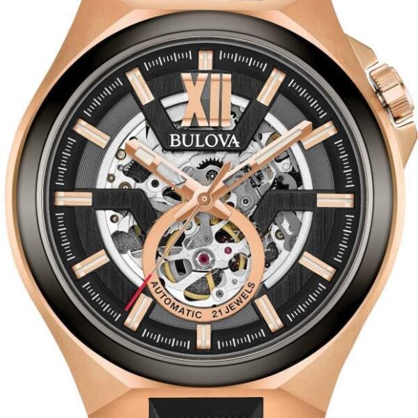 Reloj Bulova Automático 98A177 Esqueleto Acero Inoxidable Tono Oro Rosa Cristal de Zafiro 46 Milímetros