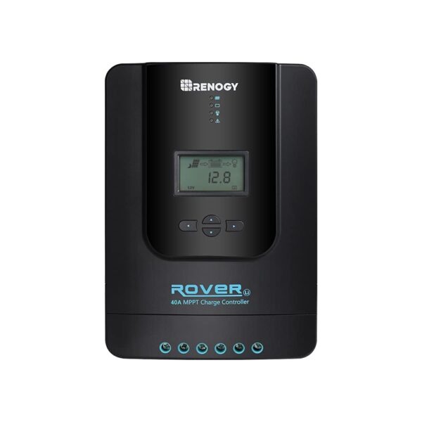 Controlador de Carga Solar Renogy Rover RNG-CTRL-RVR40 MPPT 40A 12V 24V Pantalla LCD Aluminio Negro