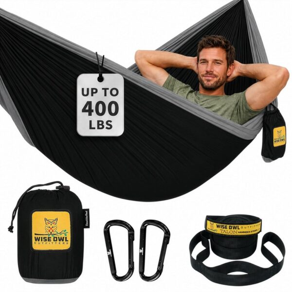 Hamaca de Camping Wise Owl Outfitters FBA_SOBKGY Individual Nailon 210T Negro y Gris 400 Libras