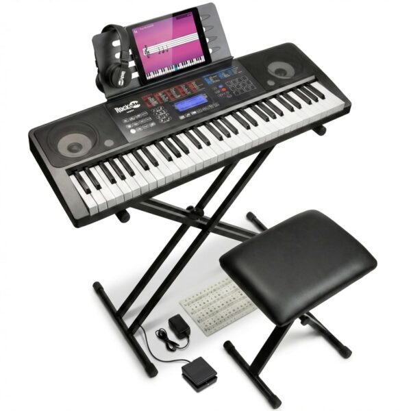 RockJam RJ761 - Piano de teclado de 61 teclas con banco de teclado, taburete de piano digital, pedal de sostenimiento, a