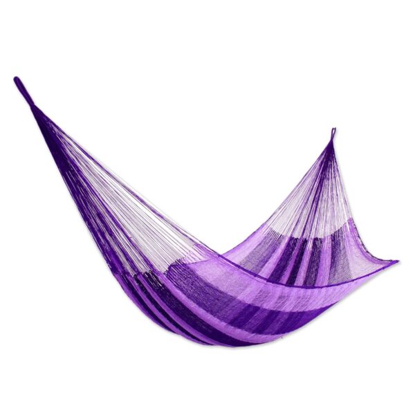 Hamaca Maya NOVICA 282146 de Nailon Tejida a Mano XL para 2 Personas Color Púrpura con Ganchos en S de Acero