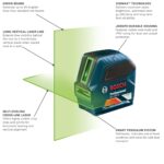 Bosch GLL 100 GX Láser de línea cruzada autonivelante de haz verde de 100 pies, incluye 3 pilas AA, dispositivo de posic