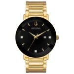 Reloj Bulova 97D116 para hombre Acero inoxidable tono dorado Esfera negra con diamantes Cristal mineral 42 milímetros