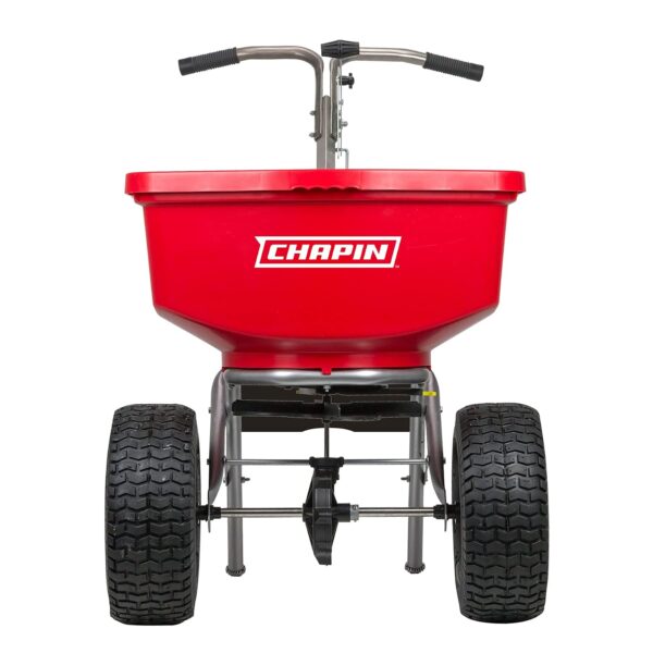 Esparcidor de césped Chapin 8400C 100 libras marco de acero inoxidable neumáticos 14 pulgadas rojo