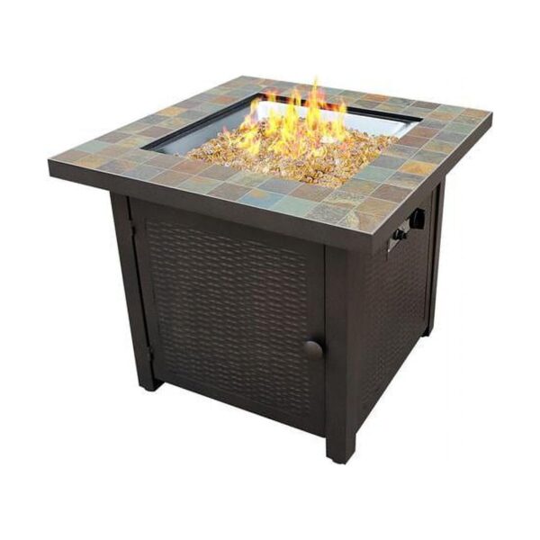 Fogata de Propano Hiland GFT-60843 50000 BTU Cuadrada 30 Pulgadas Tapa de Pizarra con Vidrio Ámbar Incluido