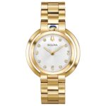 Reloj Bulova Rubaiyat Mujer 97P125 Acero Inoxidable Dorado Diamantes Esfera Plateada 35mm