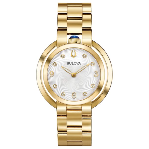 Reloj Bulova Rubaiyat Mujer 97P125 Acero Inoxidable Dorado Diamantes Esfera Plateada 35mm