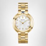 Reloj Bulova Rubaiyat Mujer 97P125 Acero Inoxidable Dorado Diamantes Esfera Plateada 35mm