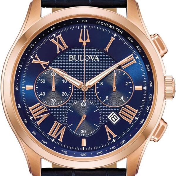 Reloj Bulova Hombre 97B170 Clásico Cronógrafo Acero Inoxidable Tono Oro Rosa Correa de Cuero Azul Cristal Mineral Resist