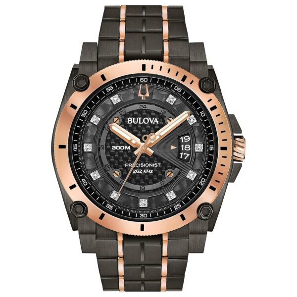 Reloj Bulova Precisionist Champlain 98D149 Acero Inoxidable IP Gris Oro Rosa Diamantes Resistente al Agua 300 Metros