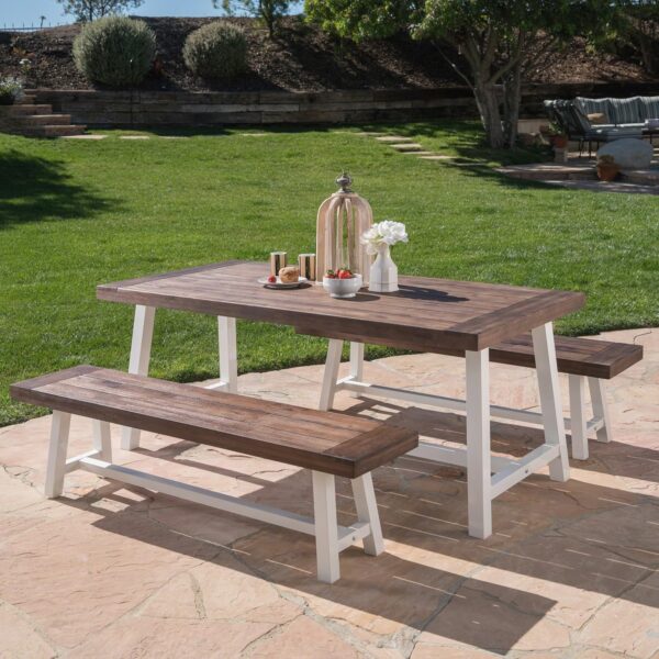 Juego de Comedor Great Deal Furniture GDFStudio Cassie Modelo 303905 3 Piezas Madera de Acacia con Bancos Marco de Metal