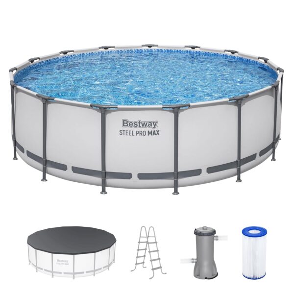 Piscina Bestway Steel Pro MAX 56915E 15 x 48 pulgadas Redonda Gris con Bomba de Filtro Escalera y Cubierta