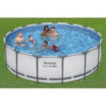 Piscina Bestway Steel Pro MAX 56915E 15 x 48 pulgadas Redonda Gris con Bomba de Filtro Escalera y Cubierta