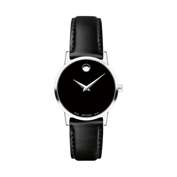 Reloj Movado Museum Classic Mujer Modelo 0607274 Caja Acero Inoxidable 28mm Esfera Negra Correa de Piel de Becerro