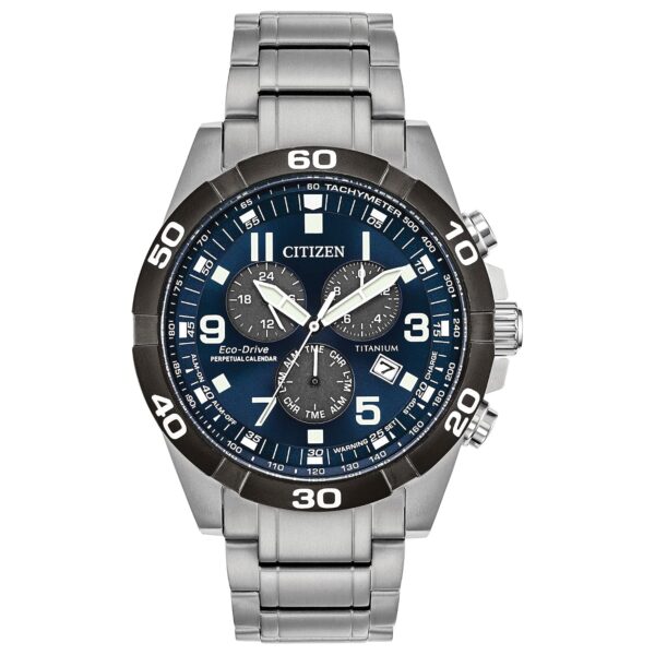 Reloj Citizen Eco-Drive Brycen BL5558-58L Super Titanio Cronógrafo Esfera Azul Diámetro 43 milímetros