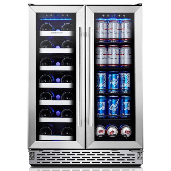 Phiestina Refrigerador de vino y bebidas, enfriador de vino de 24 pulgadas, 20 botellas y 78 latas, nevera de vino de do
