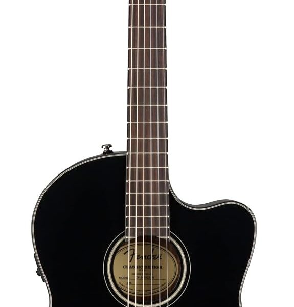 Fender CN-140SCE Thinline - Guitarra acústica de cuerda de nailon para concierto, con 2 años de garantía, color negro, c