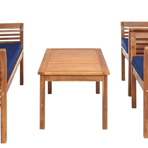 Juego de Patio Safavieh Carson PAT7005D 4 Piezas Madera de Acacia Natural Cojines Azul Marino