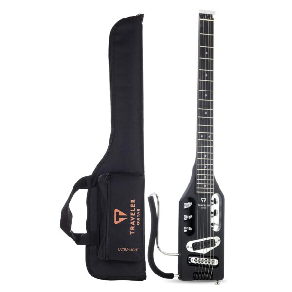 Traveler Guitar Guitarra eléctrica ultraligera color negro mate zurdo portátil eléctrico con reposarazo extraíble, escal