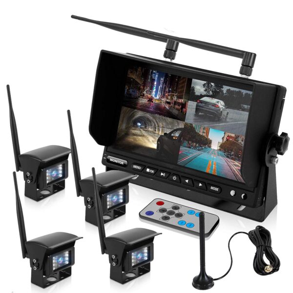 Cámara de Respaldo Inalámbrica Pyle PLCMTR83QIR Monitor LCD de 7 Pulgadas Vista Cuádruple 4 Cámaras Grabación DVR Visión
