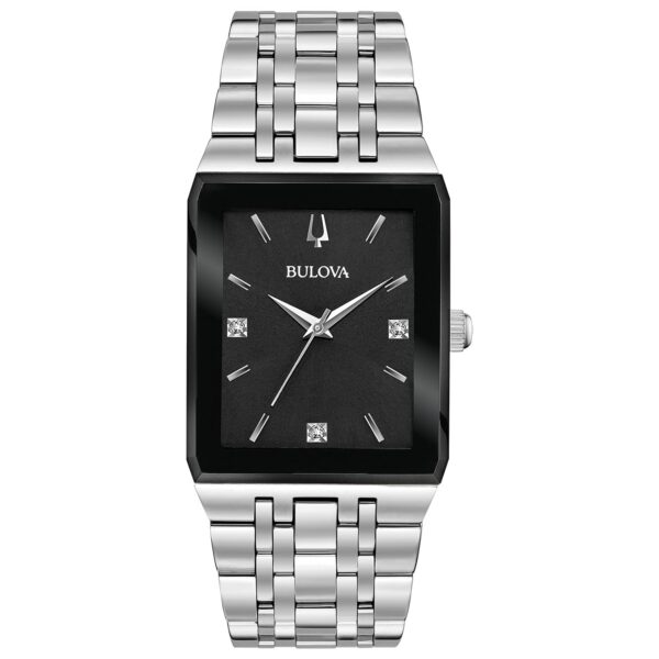 Reloj Bulova Quadra Moderno 96D145 Acero Inoxidable Plateado Esfera Negra con Diamantes 30.5 Milimetros
